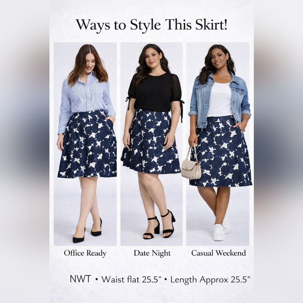 Lane Bryant Navy Floral A-Line Skirt 26W | NWT | Blue White | Midi Length